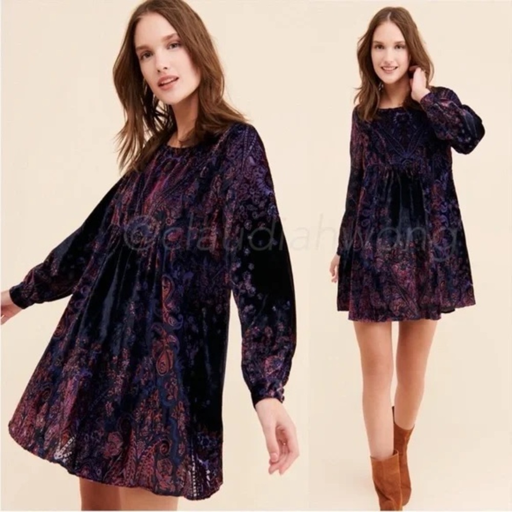 Mirror Mirror Velvet Mini Babydoll Dress in Purple Sz S